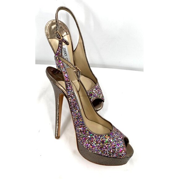 Jimmy Choo CLUE Glitter Gold Slingback Platform Open Toe Sandals Shoes Sz 38.5 - Picture 15 of 16